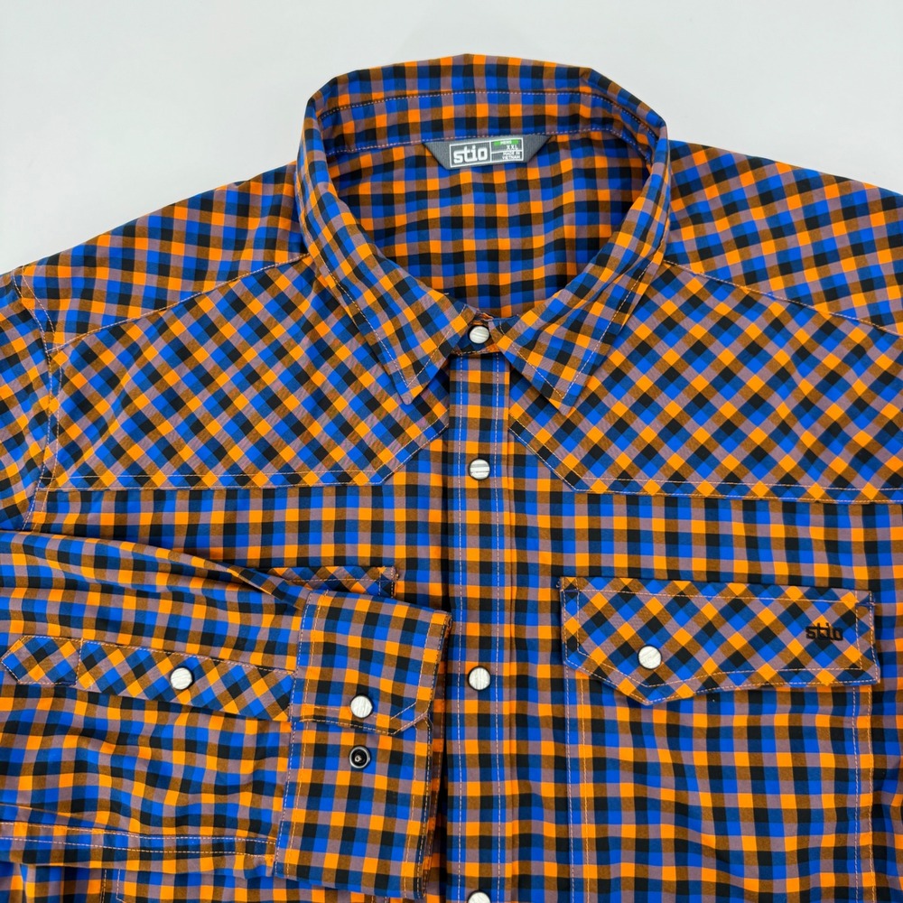 Stio Mens XXL Plaid Western Pearl Snap Shirt Orange Blue Long Sleeve Eddy READ